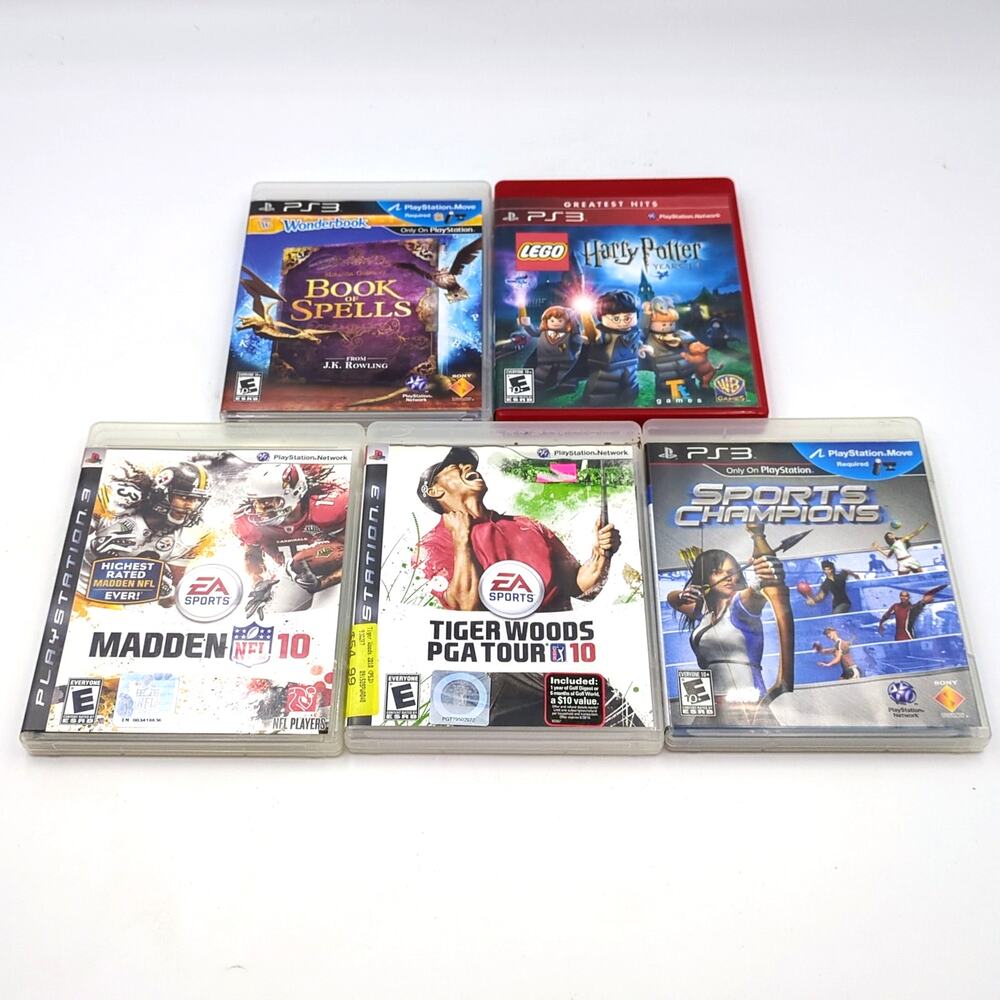 5 PS3 Game Lot Book of Spells Lego Harry Potter Madden 10 Tiger Woods Sports